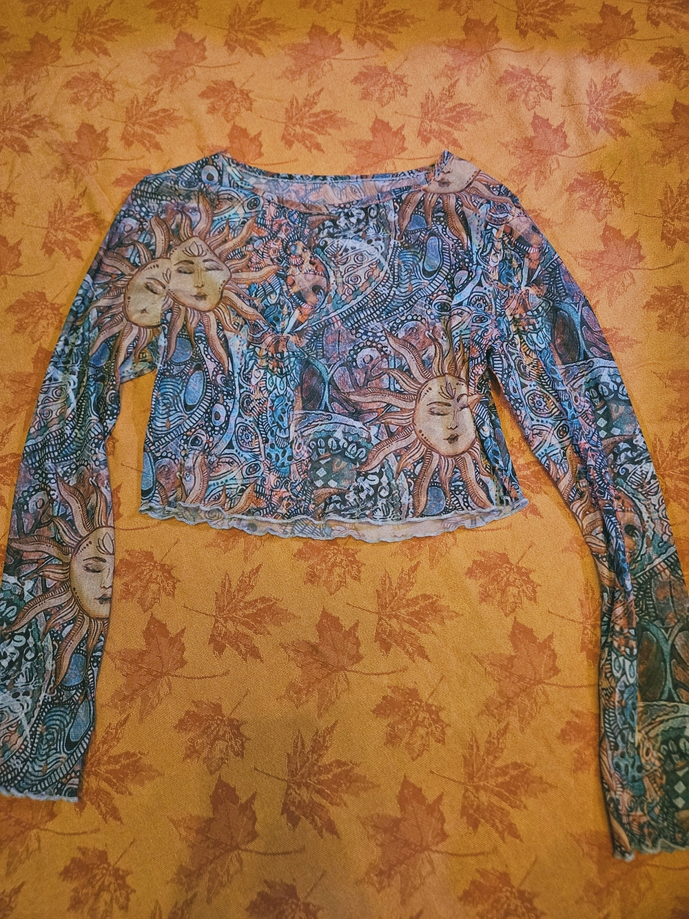 Artsy Sun Print Mesh Long Sleeve Crop Top